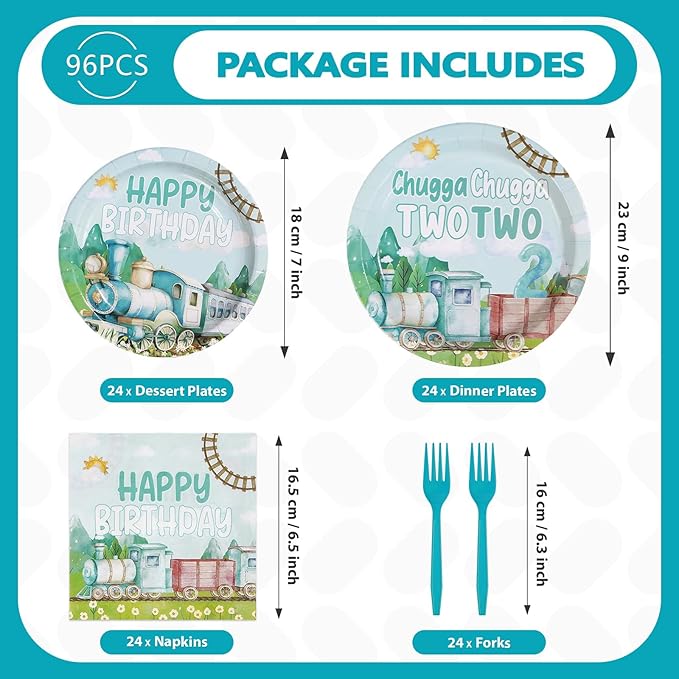 96 Pcs Chugga Chugga Two Two Birthday Decorations Disposable Blue Train 2nd Paper Plates and Napkins Transportation Choo Choo I'm 2 Tableware Set for Boy 2 Year Old Birthday Party Supplies Serves 24