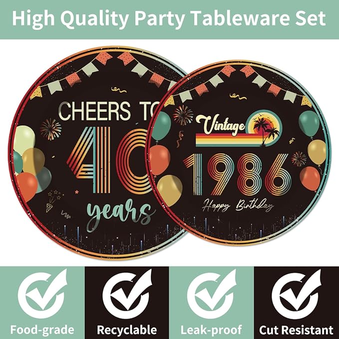 96Pcs Vintage 40th Birthday Decorations Tableware Set Back in 1986 Paper Plates Napkins Forks Cheers to 40 Years Disposable Tableware Decor for Women Men 40th Birthday Party Favor Serve 24 Guests