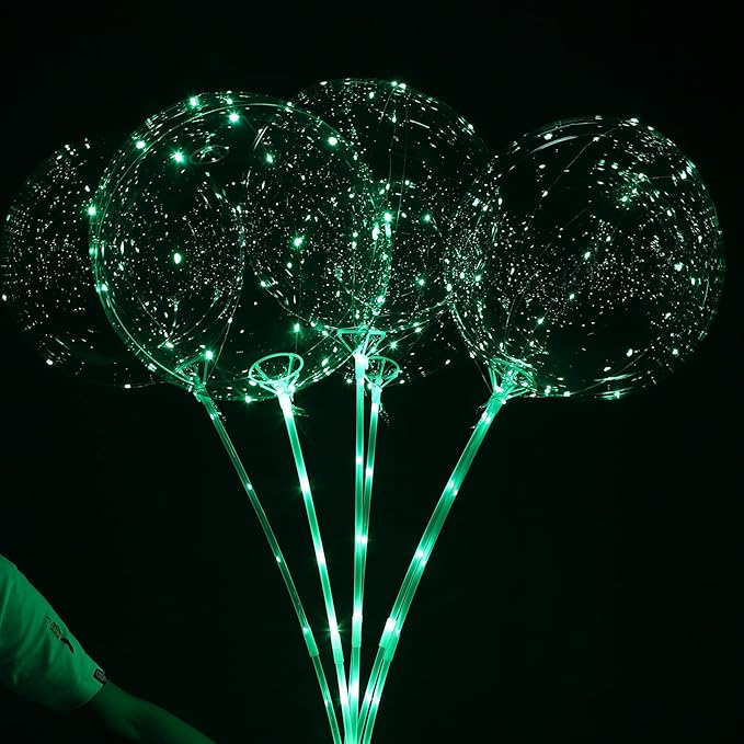 LED Balloons Light Up, 10 Pack LED Balloons with Sticks, 20 Inch Clear Bobo Balloon with Lights Helium Glow Bubble Lights for Party Supplies Valentines Decor (Green)
