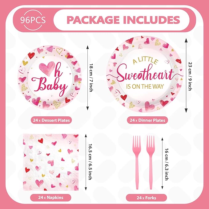 96Pcs Valentine's Day Baby Shower Party Supplies A Little Sweetheart is on The Way Party Plates and Napkins Disposable Watercolor Love Heart Tableware Set for Kids Baby Shower Decorations Serves 24