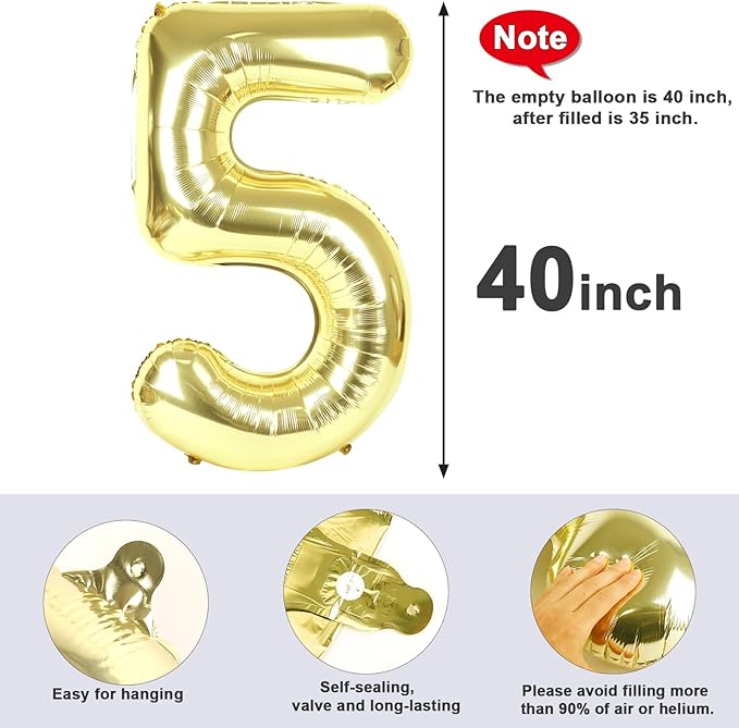 Balloon Numbers 40 Inch 5 Ballon for 5th Birthday Decorations, 15 25 35 50 Big Light Gold Number Balloons for Wedding Photo Shoot Party Decor