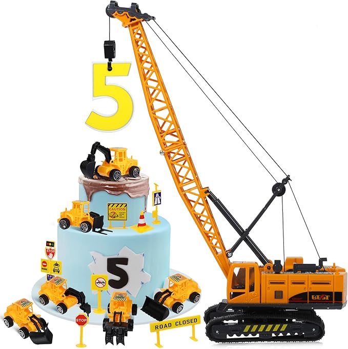 RAYNAG 16 Pieces Construction Cake Topper Construction Birthday Party Supplies Vehicles Cake Decorations with Large Crane, Traffic Road Sign, Excavator