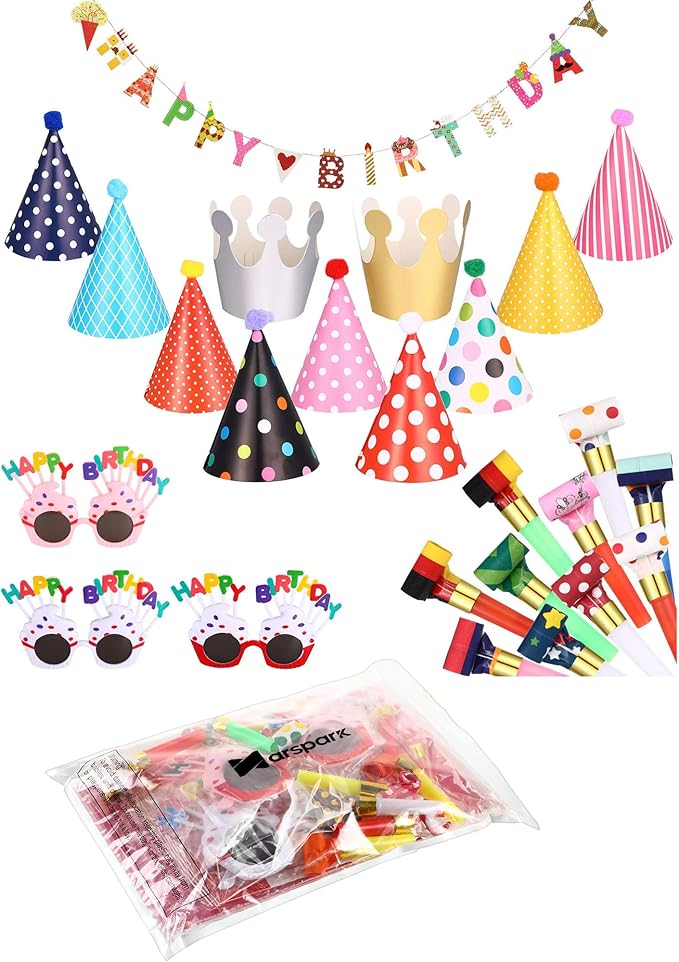 25 Pcs Party Set: 1 Colorful Banner, 3 Glasses, 10 Whistles, 11 Cone Hats for Festive Decor (Classic Style)