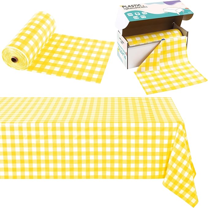 Kochorie 54 Inch x 300 Ft Light Yellow Checkered Plastic Table Cloth Roll Disposable Waterproof Table Cover Plastic Table Cover Roll with Easy Slide Cutter for Outdoor Picnic/Home Dining/Spring Party