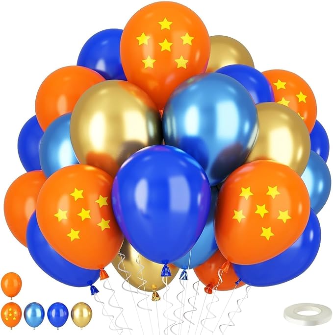 Orange Blue Balloons, 12 Inch Royal Blue and Matt Orange Metallic Gold Latex Balloons with Tangerine Star Printed Party Balloon for Kid Cartoon Theme Anime Birthday Outer Space Party Decoration