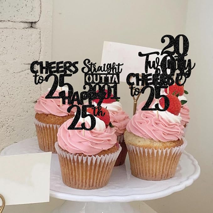 30PCS Black 25th Birthday Cupcake Toppers Glitter Twenty Five Happy 25th Straight Outta 2001 Cupcake Picks for Cheers to 25 Years Birthday Anniversary Party Cake Decorations Supplies