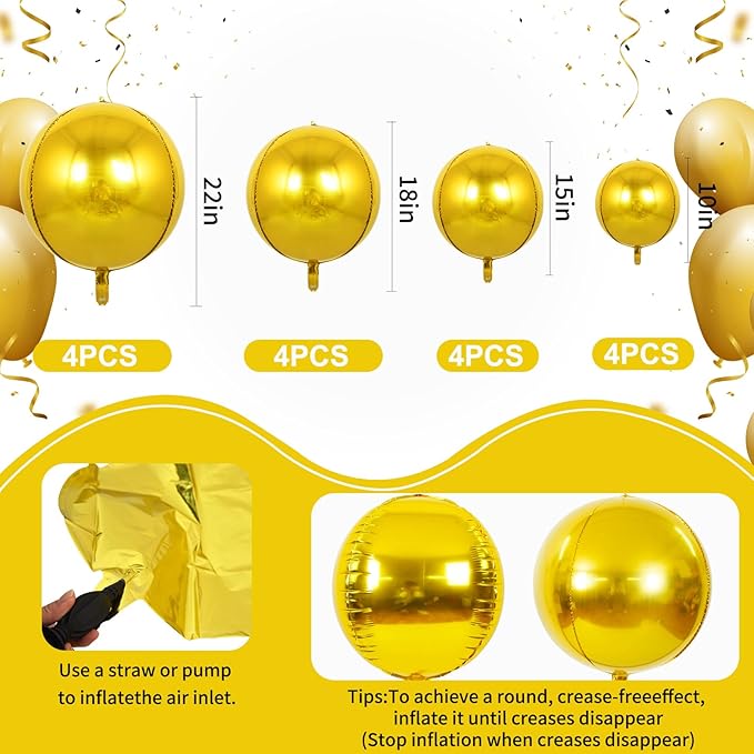TONIFUL 16Pcs Large Gold 4D Giant Round Foil Balloon 4D Mirror Metallic Mylar Sephere Balloons for Christmas New Year Birthday Party Graduation Wedding Baby Shower Decoration Supplies(Mix Sizes)