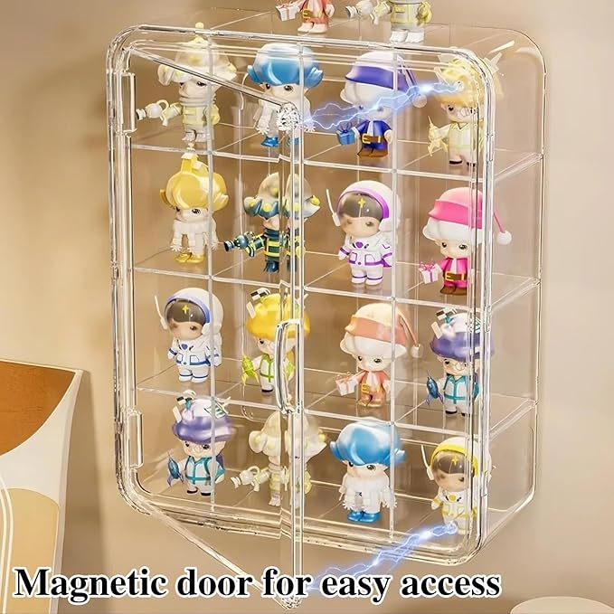 Wall Mount Acrylic Display Case 9-Cell Magnetic Door Shelf for Collectibles, Space-Saving Dust-Proof Showcase w/ Removable Grids (M-9 Cell(12.6x10.24x3.54in))