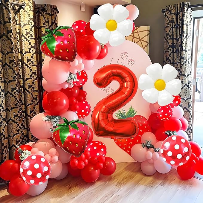 Strawberry Balloons Second Birthday Decorations for Girl, 40 Inch Mylar Red Number 2 Balloons, Strawberry Balloon for Strawberry Party Decorations, Strawberry Birthday Decorations