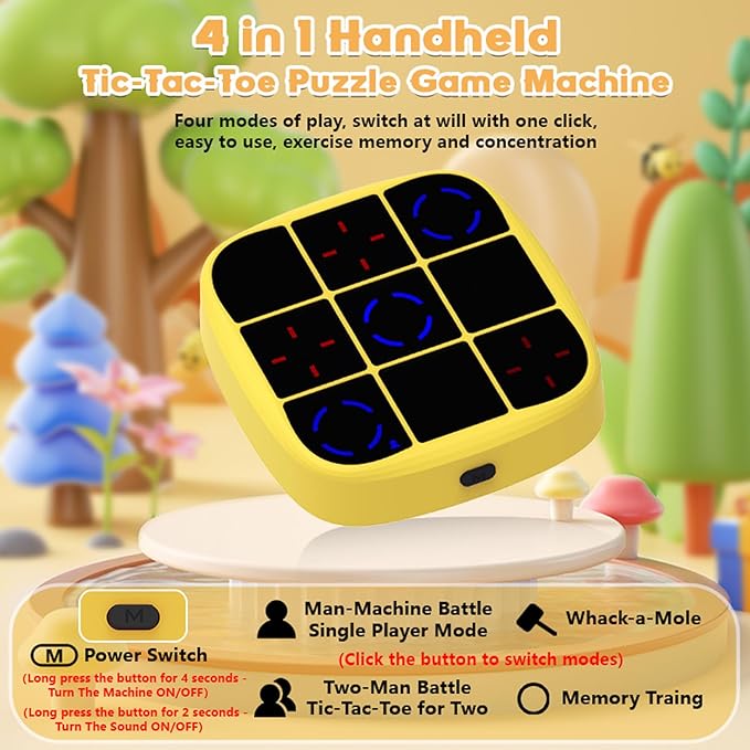 4-in-1 Electronic Tic Tac Toe Bolt Game with Mute Function, Handheld Puzzle Game Console Toys for Educational, Portable Travel Games, Board Games Gifts for Kids and Adults (Yellow)