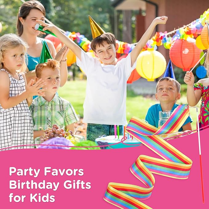 2PCS Rainbow Party Favors - Dance Ribbons for Kids Circus Carnival Rhythmic Gymnastics Birthday Party Decoration Supplies, Ribbon Baton Twirling Sticks Silks Streamers Wands for Girls