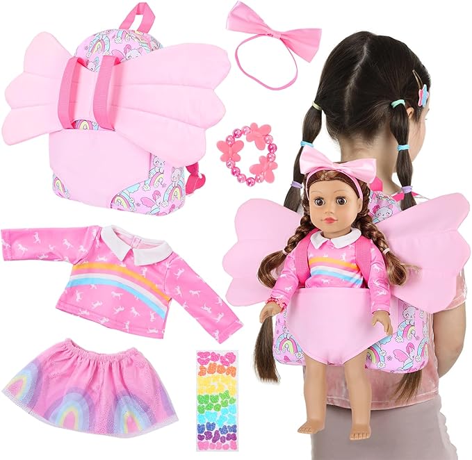 Ecore Fun 18 Inch Doll Backpack Carrier Set, 6PCS Doll Clothes & Fashion Accessories with Pink Backpack Carrier Bag, Headband, Bracelet, Outfit & Stickers