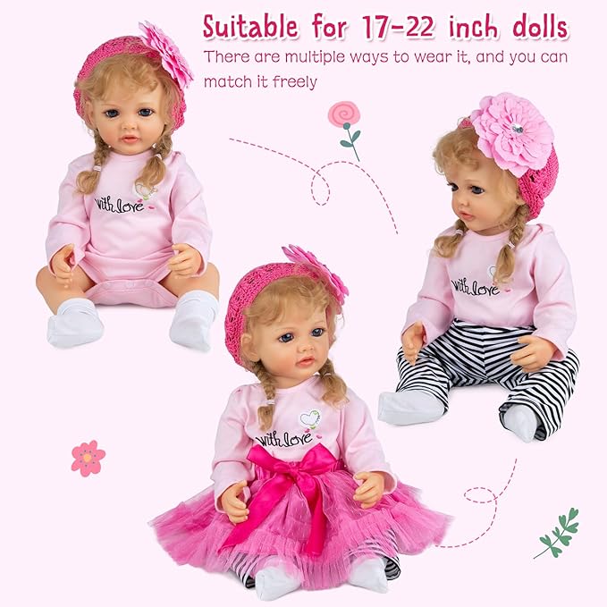PEDOLLTREE 14 Pcs Reborn Baby Dolls Clothes Accessories Outfit with Pink Heart Bassinet and Blanket for 17-22 Inch Reborn Dolls Newborn Baby Girl