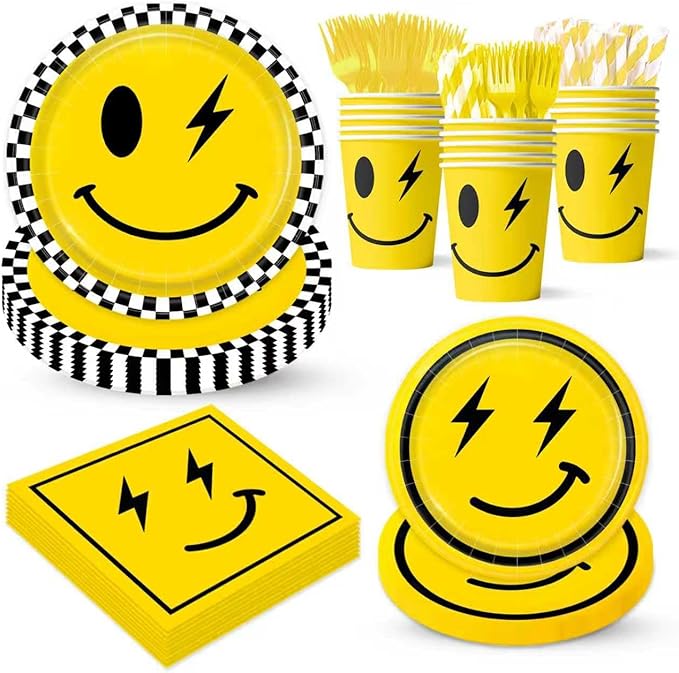 Yellow Smile Face Themed Party Decorations Supplies Happy Smile Face Themed Party Tableware Set Include Plates, Cups, Napkins,Cutlery and Straw for Baby Shower, Birthday Party Decorations Serves 24