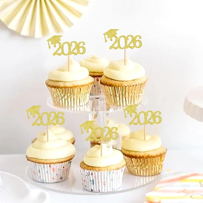24 Pcs Graduation Cupcake Toppers 2026, Food/Appetizer Picks For Graduation Party Mini Cake Decorations, 2026 Cupcake Toppers(Gold)