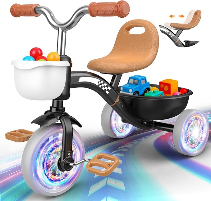 Toddler Tricycle for 1-3 3-4 Year Olds, 2 3 4 Year Old Boy Girl Birthday Gifts, Toddler Baby Bike, 3-Level Adjustable Seat, 3 Color Light Wheels, 2 Baskets, Outdoor Riding Toys for Ages 2-4