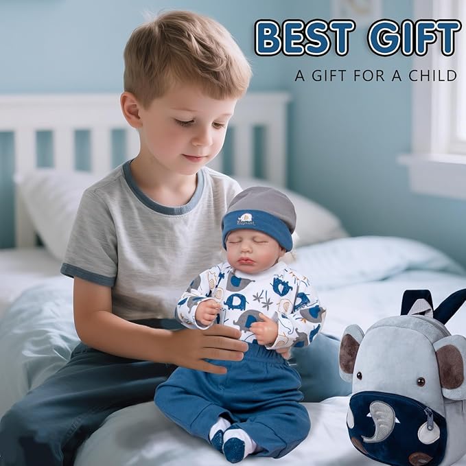 12 Pcs Reborn Baby Doll Clothes Set for 17-22 Inch Babydolls, Elephant Reborn Baby Doll Accessories and Clothes with Plush-Finish Backpack and Elephant Set for Realistic Babydolls Girls, Blue, White