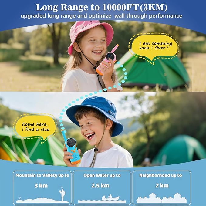 KOOMTOOM Walkie Talkies for Kids,2 Pack Rechargeable Walkies Talkies with LCD Flashlight & Alarm Clock,3 Miles Long Range for Boys and Girls(Blue+Pink)