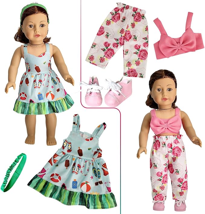 American Doll Clothes and Accessories for 18 Inch Doll, 18" Clothes Dress, Total 19 Pcs Including 8 Sets of Clothing Outfits with Shoes, Underwear, Headband, and Cap (Not Include The Doll)