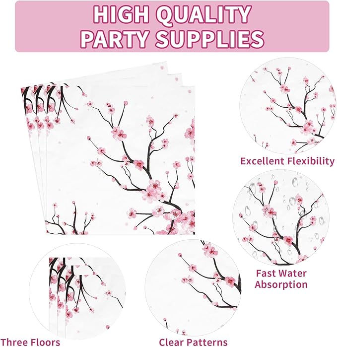 Grencian 96 PCS Cherry Blossom Party Supplies Cherry Blossom Plates and Napkins Disposable Tableware Set Cherry Blossom Birthday Decorations for Baby Bridal Shower Tea Cherry Blossom Decor Serves 24