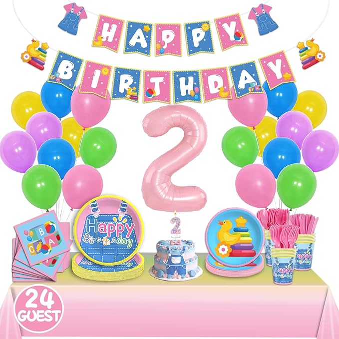 English Teacher Party Supplies, Fufuddz Rainbow Birthday Decorations Cartoon Teacher Party Plates and Napkins for Girls Boys 2nd Birthday Banner Balloons Tablecloth Candle, Tableware Set for 24 Guests