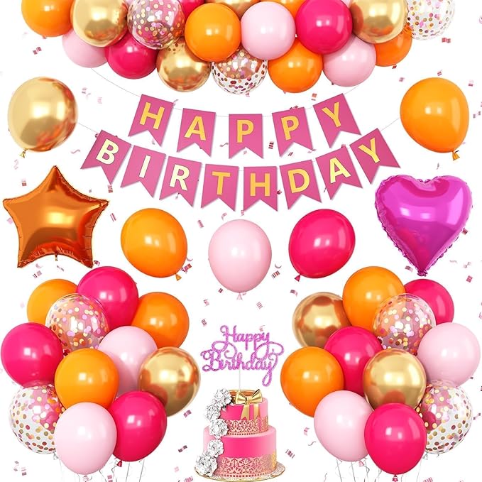 Pink Orange Party Decorations,Hot Pink Gold Birthday Decorations Happy Birthday Banner Cake Topper Star Heart Foil Balloon for Girls Women Kids Party Decor
