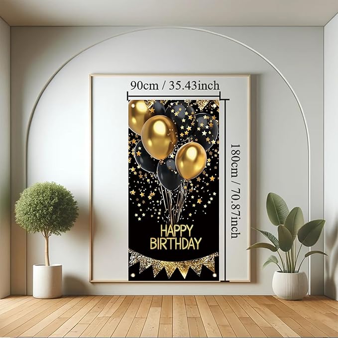 Happy Birthday Door Banner Decorations - Black and Gold Birthday Door Cover for Men Women, 35" x 71" Vertical Front Door Hanging Sign, Reusable Party Supplies for 18th 21st 30th 40th 50th 60th