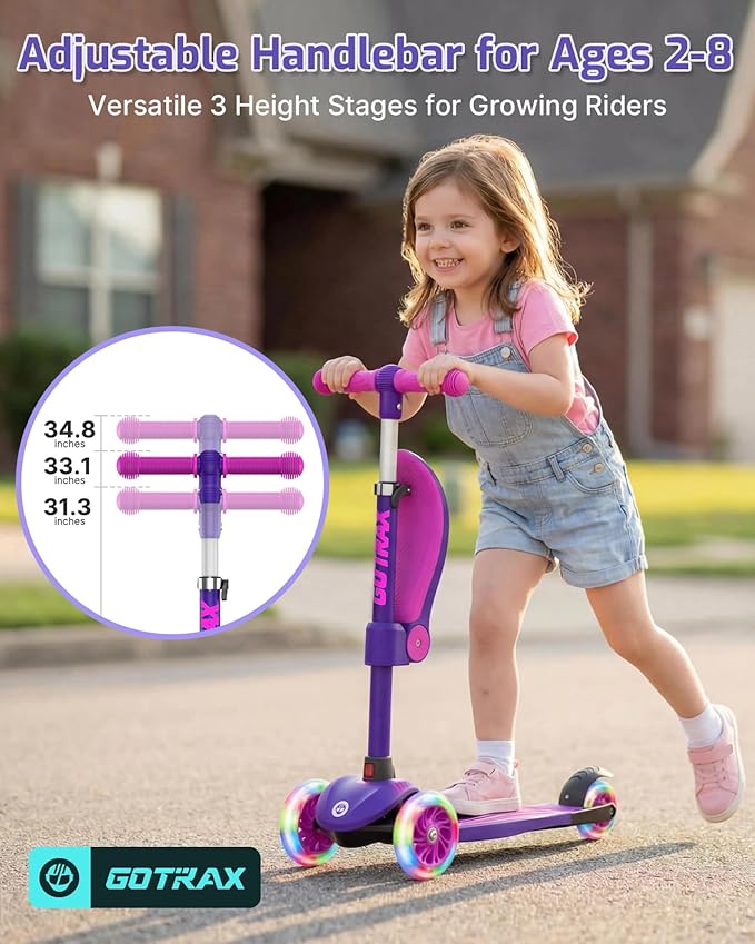 Gotrax KS3 Kids Kick Scooter, LED Lighted Wheels, Adjustable Height Handlebars and Removable Seat, Lean-to-Steer & Widen Anti-Slip Deck, 3 Wheel Scooter for Kids Ages 2-8 and up to 110 Lbs