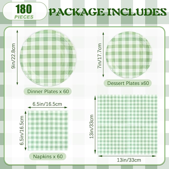 180Pcs Green Gingham Party Supplies Paper Plates and Napkins Serve 60 Disposable Tableware Set for Birthday Party Decorations Game Day Family Holiday Sports Events