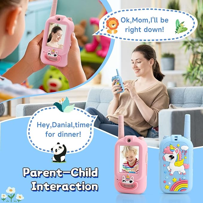 Video Walkie Talkies for Kids, Handheld 2 Pack Rechargeable Video Intercom Kids Walkies Talkies, Indoor Outdoor Toys for Family Games, Outside, Camping, Hiking for Boys Girls Ages 3-12 (New Blue/Pink)