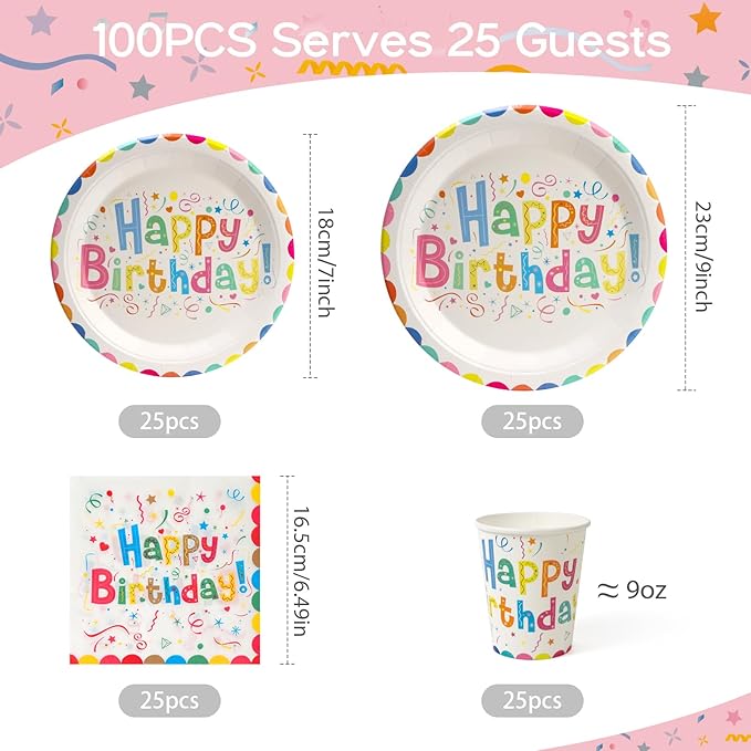 100Pcs Birthday Plates Party Supplies Happy Birthday Paper Plates Cups and Napkins for Baby Shower Kids Birthday Party Decorations, Serves 25