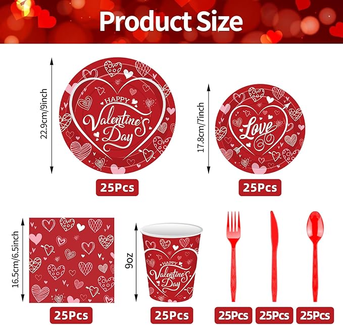 175 Pcs Valentine's Day Tableware Set - Serves 25, Heart and Love-Themed Disposable Plates, Cups, Napkins, Forks, Spoons, Knives for Valentine, Wedding Party Supplies, Romantic Holiday Gatherings