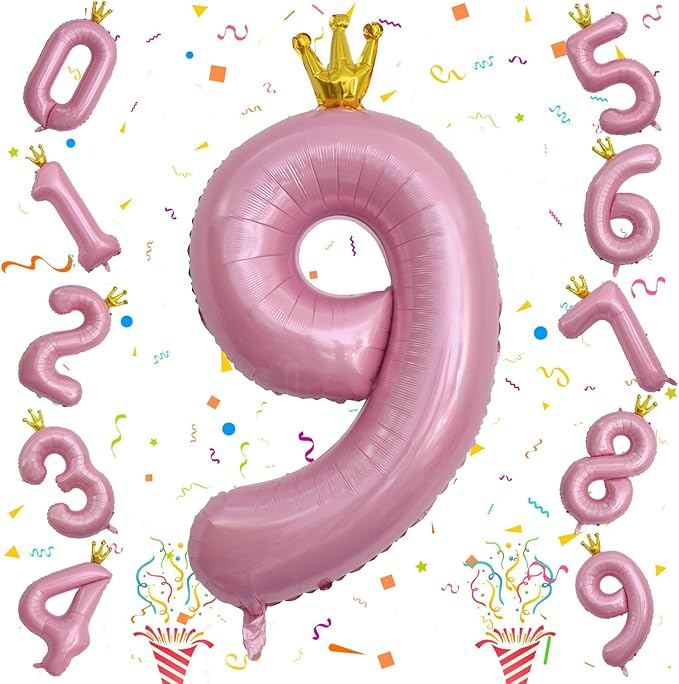 40 Inch Number 9 Balloons, Pink Crown Giant 9th Birthday Party Number Balloons 0-9 Set, Self Inflating Balloons for Girls Women 35th Birthday Party Decor Anniversary Party Decoration Supplies