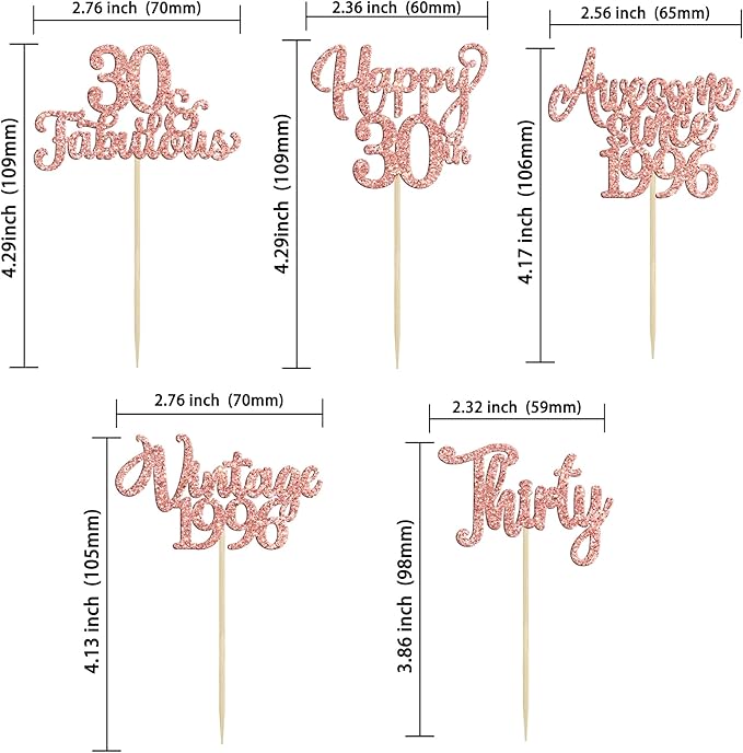 30Pcs Vintage 1995 Cupcake Toppers Glitter Thirty 30 Fabulous Happy 30th Birthday Cupcake Picks Cheers to 30 Years for 30th Birthday Anniversary Party Cake Decorations Supplies Rose Gold