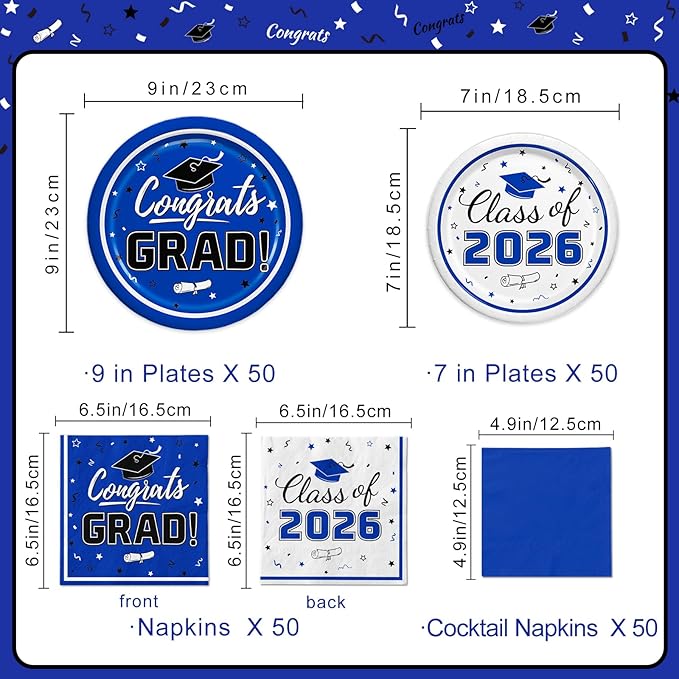 Graduation Blue Party Supplies Kit Dinner Plates Dessert Plates and Napkins for Congrats Grad Party Decorations, Serves 50