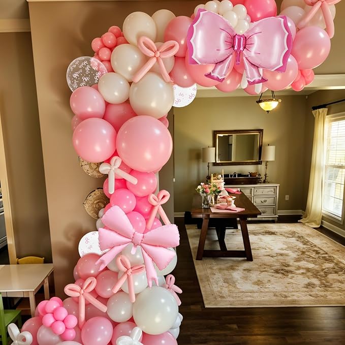 Bow Balloons, Light Baby Pink White Clear Pastel Balloons with Bow Foil Balloon for Girl Princess Women Birthday Party Bachelorette Bridal Engagement Bow Theme Wedding Anniversary Baby Shower Supplies