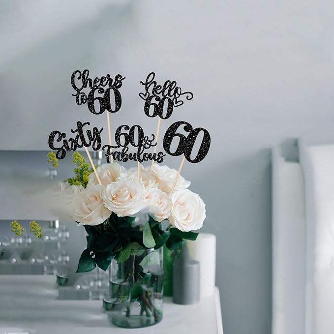 15PCS Happy 60th Birthday Centerpiece Sticks Hello 60 Cheers to 60 Birthday Table Flower Centerpieces Sticks Sixty 60 Fabulous Floral Decorations for 60th Birthday Party Centerpieces Supplies Black