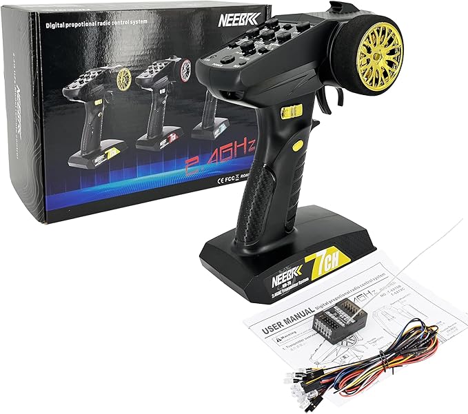 7 Channels RC Transmitter with Receiver Built-in Light Control System and 12LED Light Set, 2.4GHz Radio Remote Controller for RC Car Crawler Truck Buggy Off Road On Road Boat Tank(Golden)