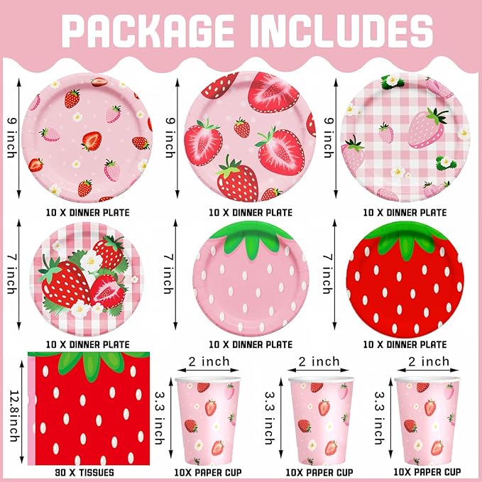 120PCS Strawberry Party Decoration Disposable Paper Plates, Cups, and Napkins for Strawberry Themed Party Decorations for Girl Boy Summer Sweet Baby Shower Supplies, Serve 30