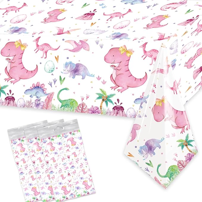 Letromp 3 Pieces Pink Dinosaur Birthday Tablecloths 54 x 108 Inch Watercolor Dinosaur Table Covers for Dino Theme Girls Baby Shower 1st 2nd 3rd 4th Birthday Party Supplies Table Decorations Favors