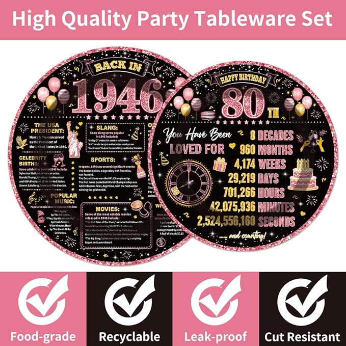 96Pcs 80th Birthday Decorations Women Tableware Set Rose Gold Back in 1946 Paper Plates Napkins Forks Cheers to 80 Years Disposable Tableware Decor for 80th Bday Theme Party Favor Serve 24 Guests