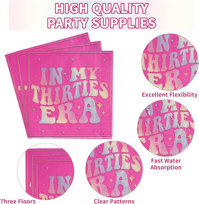 96Pcs In My Thirties Era Plates and Napkins 350GSM Holographic Rainbow 30th Birthday Decoration Hot Pink Tableware Set Singer In My Thirties Era Decoration for Fans Women 30th Birthday Party Serves 24