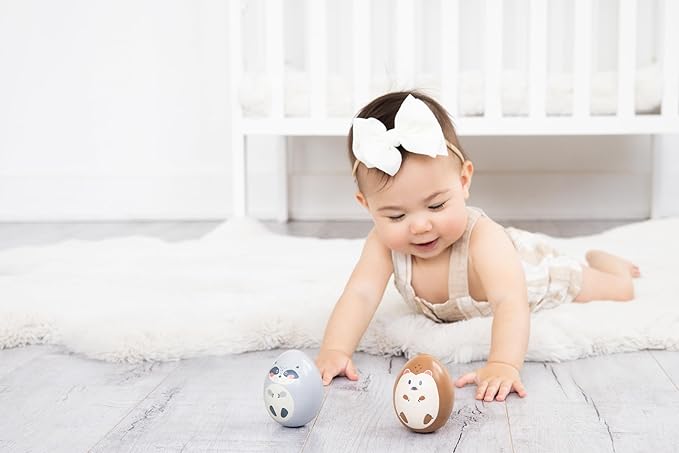 Pearhead Easter Wooden Wobble Toy Set – Raccoon & Hedgehog Montessori Egg Balance Toys for Babies 6+ Months, FSC Certified Sensory Tummy Time Toy, Easter Basket Gift