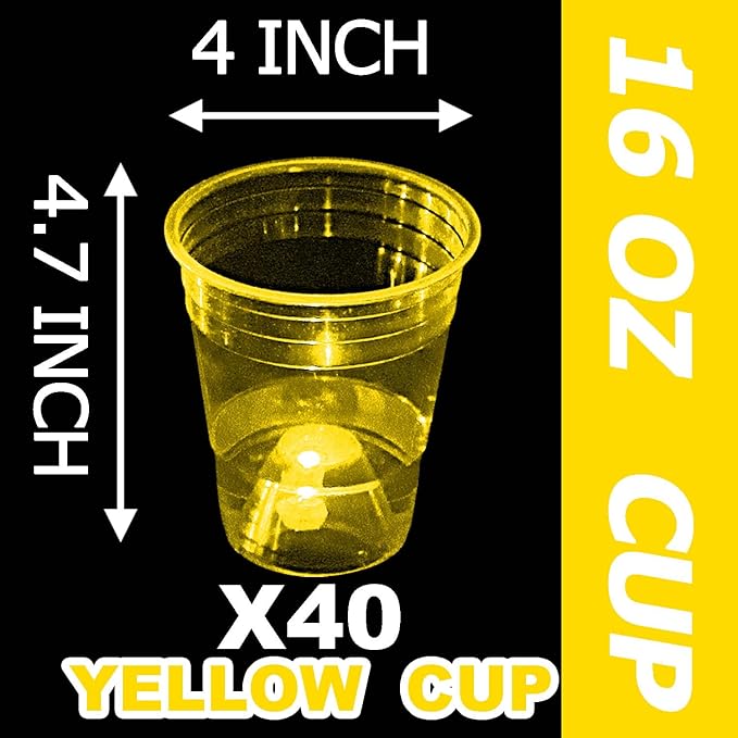 Glow in The Dark Yellow Party Cups 40 Pack (16 oz) - LED Light Up Plastic Cups for Summer BBQs Lemon Themes Birthdays, Neon Bright Drinking Cups for Sports Events Camping & Festival Decorations