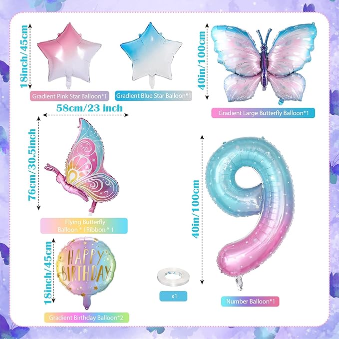 Butterfly Balloons, 9th Butterfly Birthday Decorations for Girls, Fantasy Giant Number 9 Butterfly Foil Balloons Birthday Party Supplies, Aluminum Film Girl Birthday Party Balloons Decoration