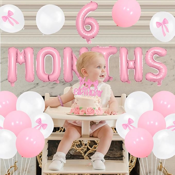 Half Birthday Decorations - Pink Gingham Banner Bow, Balloons, Cake Topper for Girls 6 Month Party Supplies