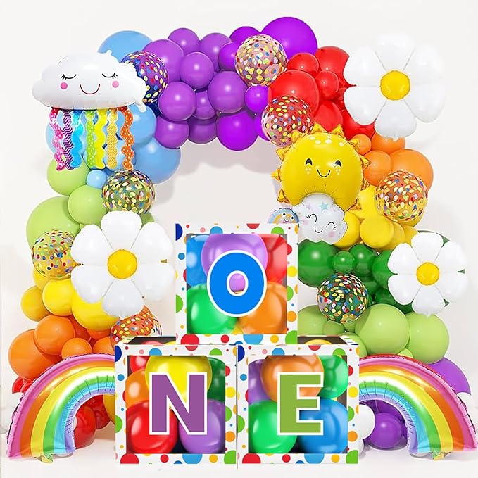 First Birthday Decorations for Boy Girls, ONE Balloon Boxes with Balloons, ONE Blocks for Baby 1st Birthday Backdrop, Cake Smash Photo Props (Round)
