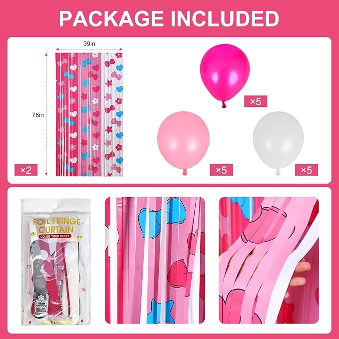 Adorable Kawaii Cat Party Decor Kit with 15 Balloons - 2 Pack 3.3x6.6ft Tinsel Foil Fringe Curtains Backdrop, Photo Booth Bows, Girls’ Birthday Party Supplies Room Decor (Pink/White)