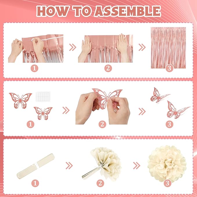 Pink Decorations for Women Girls, Dusty Pink Sand Rose Gold Metallic Printed Balloons Butterfly Stickers Fringe Curtain Happy Birthday Banner Circle Dots Garland Paper Pompoms Valentines Supplies