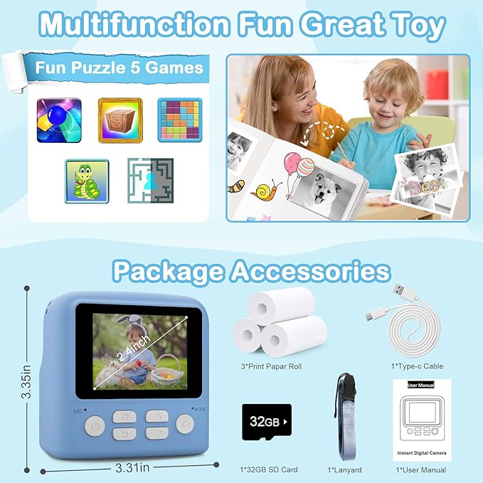 Instant Print Camera for Kids, Christmas Birthday Gifts for Age 3-12, 2.4 Inch Screen Children Selfie Digital Camera, Toddlers Portable Travel Toys for 3 4 5 6 7 8 9 10 Year Old Girls Boys (Blue)